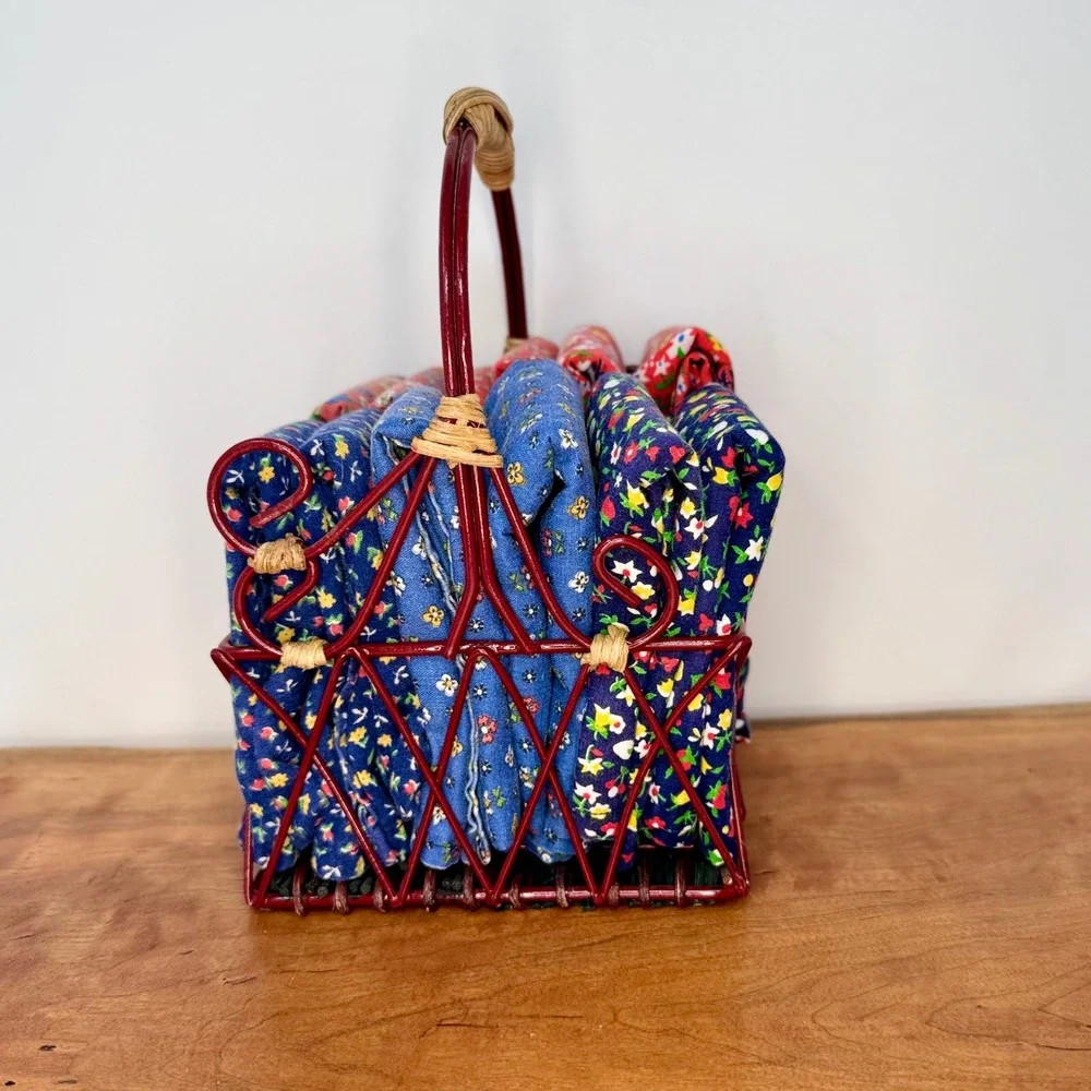Vintage Floral Calico Cloth Napkins Set of 12 with Wire Wicker Caddy Red Blue